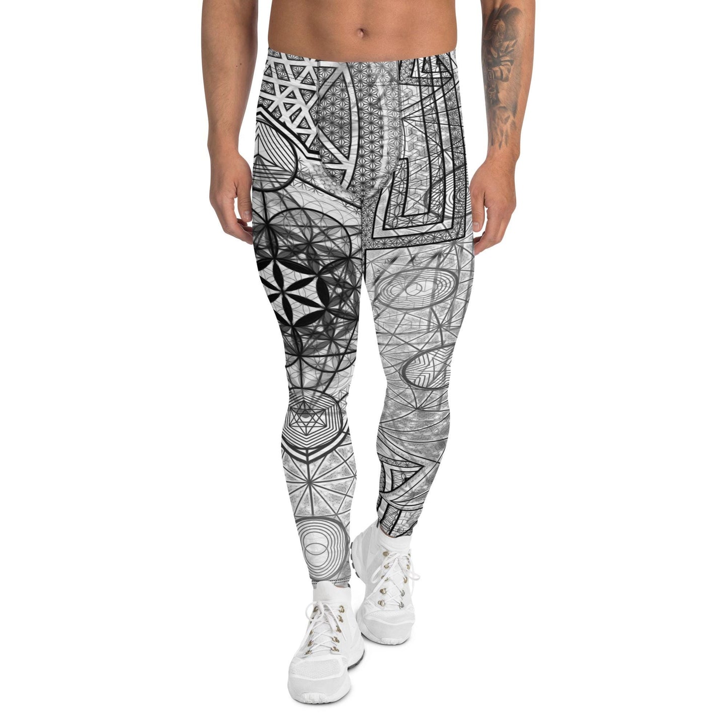 64 Tetrahedron | Sacred Geometry | Merkabah | Flower Of Life | Metatron&#39;s Cube | Vector Equilibrium | W&B Psychedelic Men&#39;s Leggings