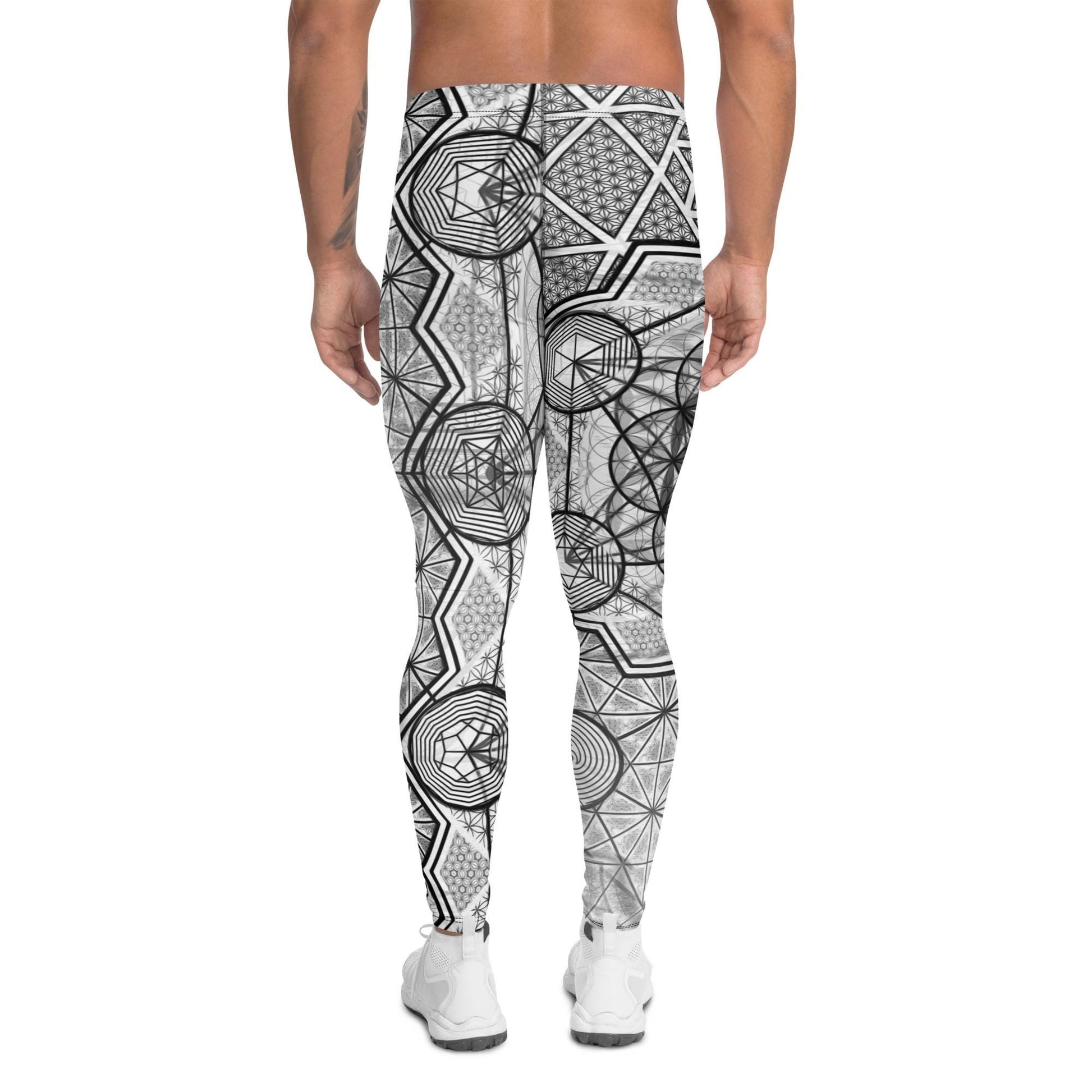 64 Tetrahedron | Sacred Geometry | Merkabah | Flower Of Life | Metatron&#39;s Cube | Vector Equilibrium | W&B Psychedelic Men&#39;s Leggings