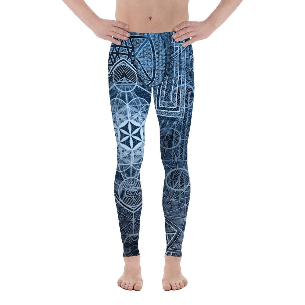 Sri Yantra | Blue Sacred Geometry Patterns | Flower Of Life | Metatrons Cube Clothing | Tree Of Life | Psychedelic Wear | Men&#39;s Leggings