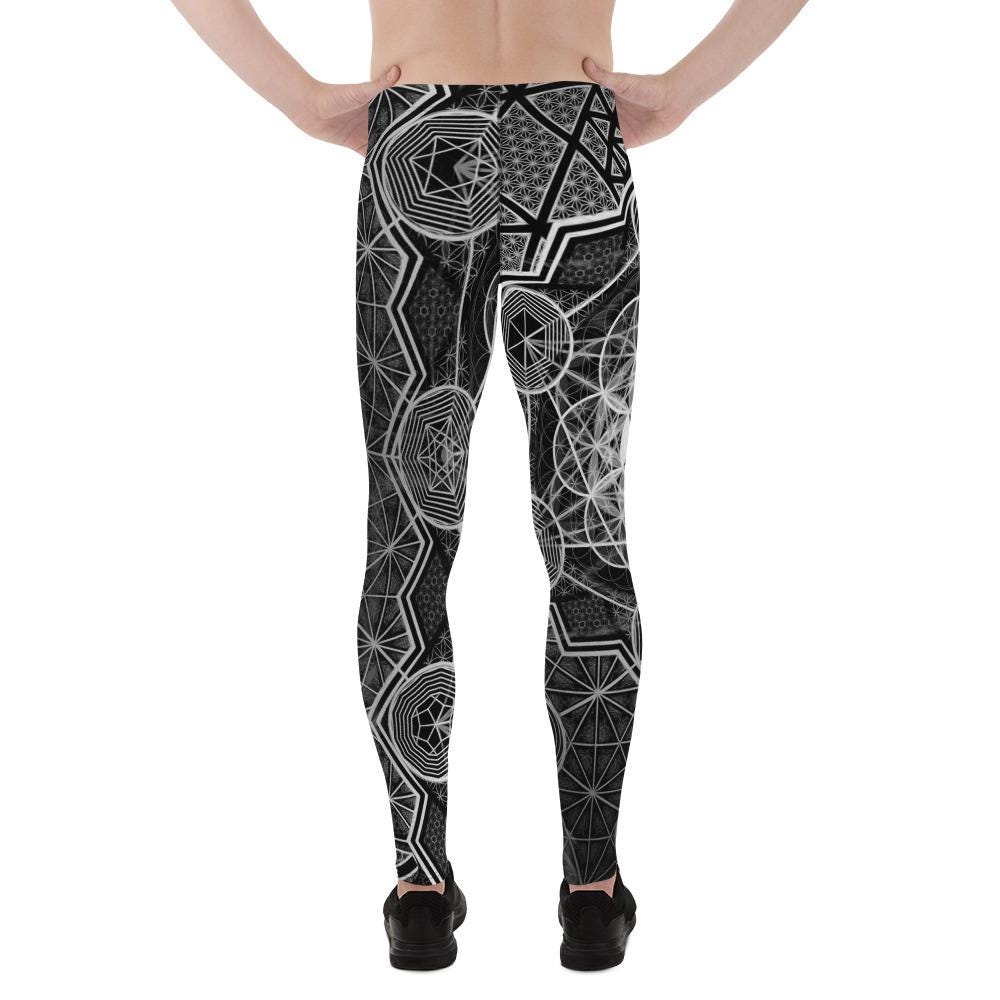 64 Tetrahedron | Sacred Geometry | Merkabah | Flower Of Life | B&W Metatron&#39;s Cube | Vector Equilibrium | Psychedelic Men&#39;s Leggings