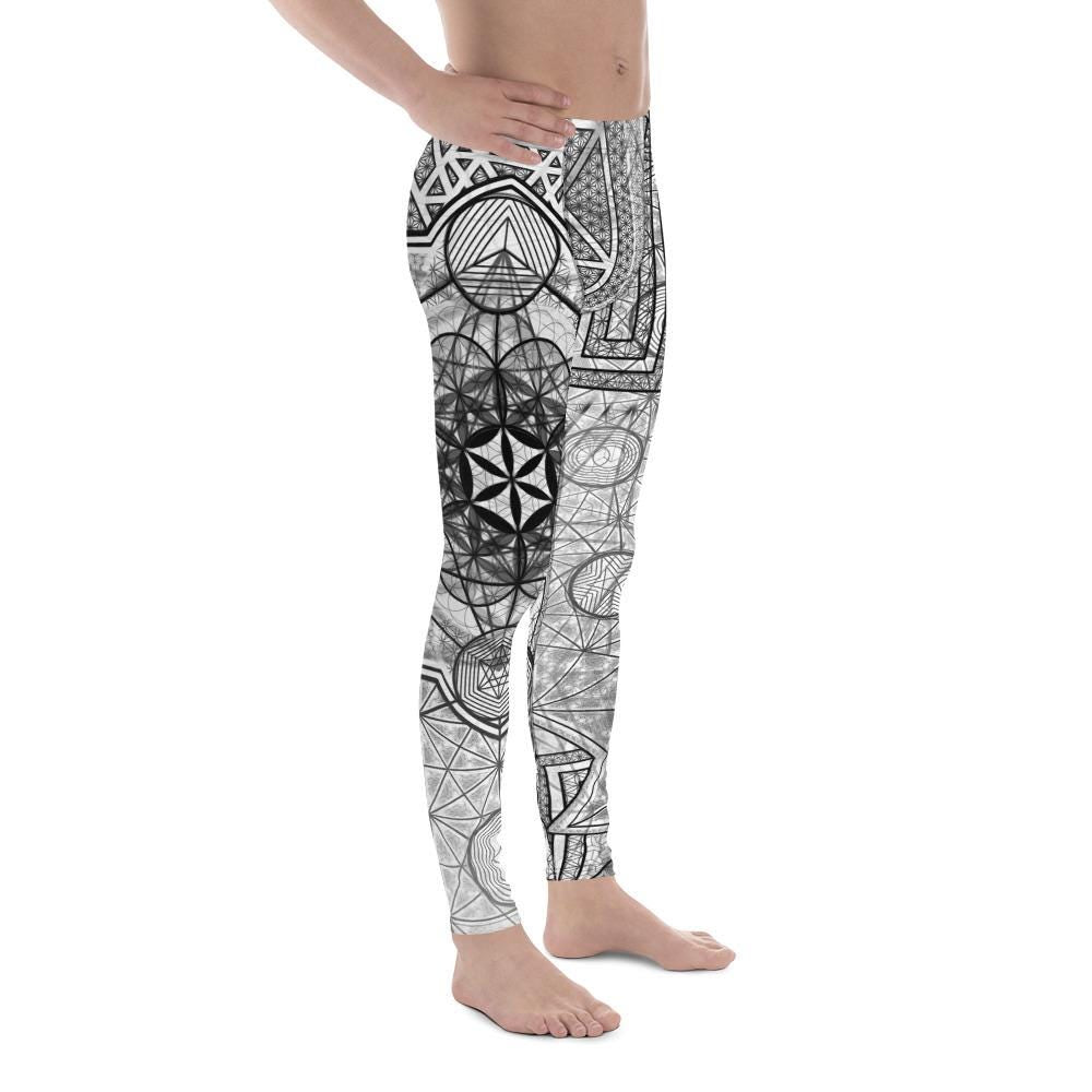 64 Tetrahedron | Sacred Geometry | Merkabah | Flower Of Life | Metatron&#39;s Cube | Vector Equilibrium | W&B Psychedelic Men&#39;s Leggings