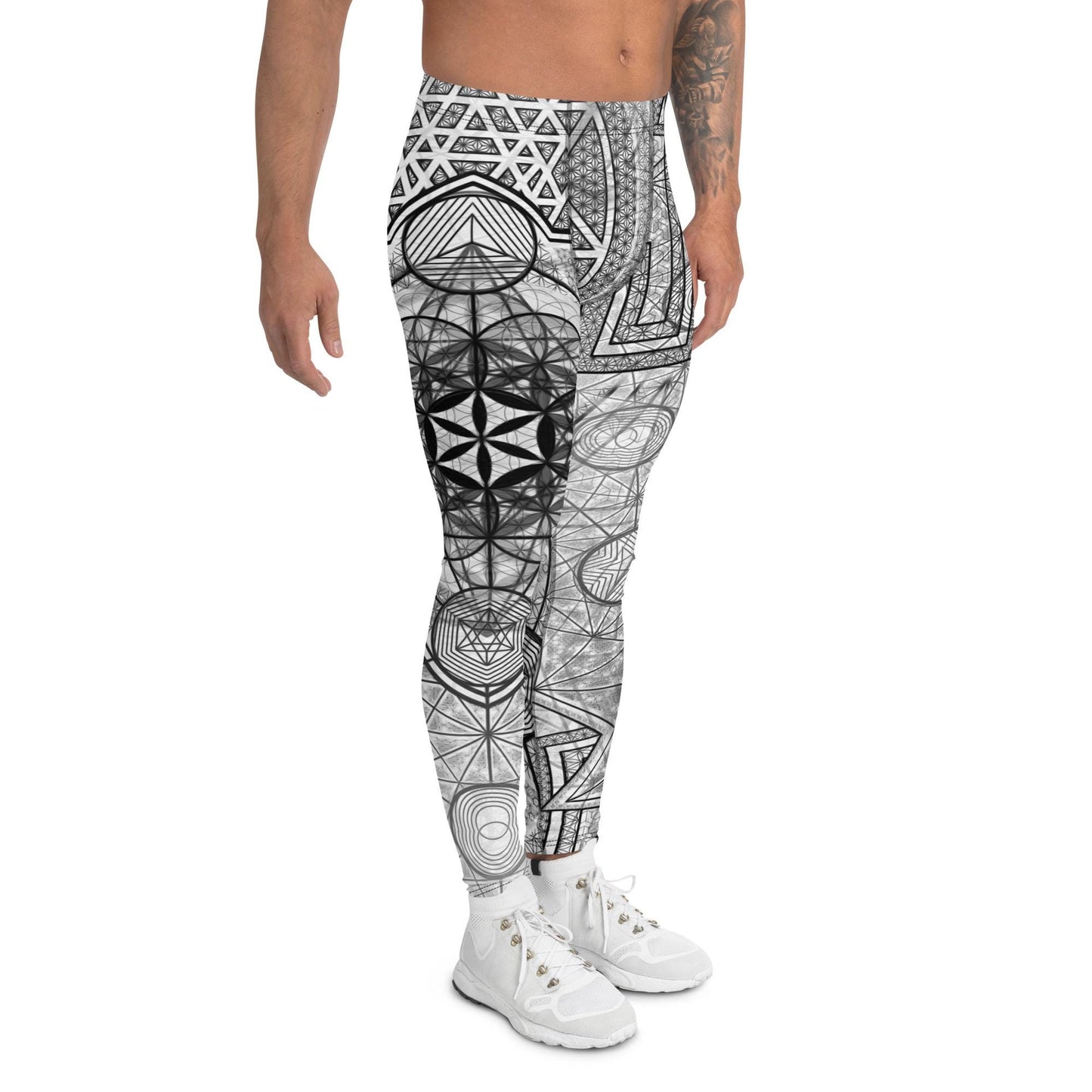 64 Tetrahedron | Sacred Geometry | Merkabah | Flower Of Life | Metatron&#39;s Cube | Vector Equilibrium | W&B Psychedelic Men&#39;s Leggings