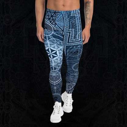 Sri Yantra | Blue Sacred Geometry Patterns | Flower Of Life | Metatrons Cube Clothing | Tree Of Life | Psychedelic Wear | Men's Leggings