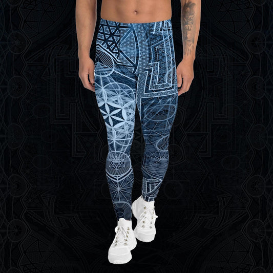 Sri Yantra | Blue Sacred Geometry Patterns | Flower Of Life | Metatrons Cube Clothing | Tree Of Life | Psychedelic Wear | Men's Leggings