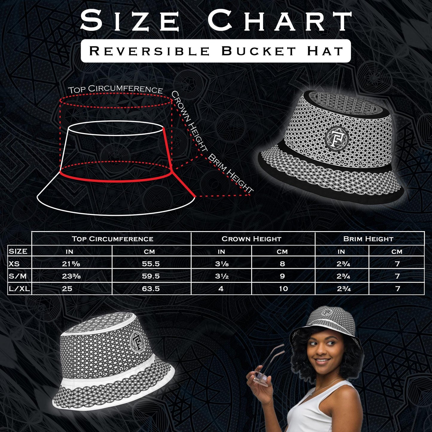 Sacred Geometry | Flower Of Life | Black and White 2 - sided Festival Hat | Psychedelic Pattern | Spiritual Gift | Reversible Bucket Hat