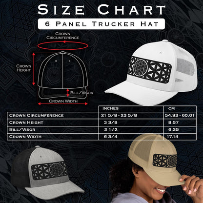 Sacred Geometry | Black Flower Of Life | Seed of Life | Festival Clothing | Spiritual Gift | Psychedelic Hat | Embroidered Trucker Cap