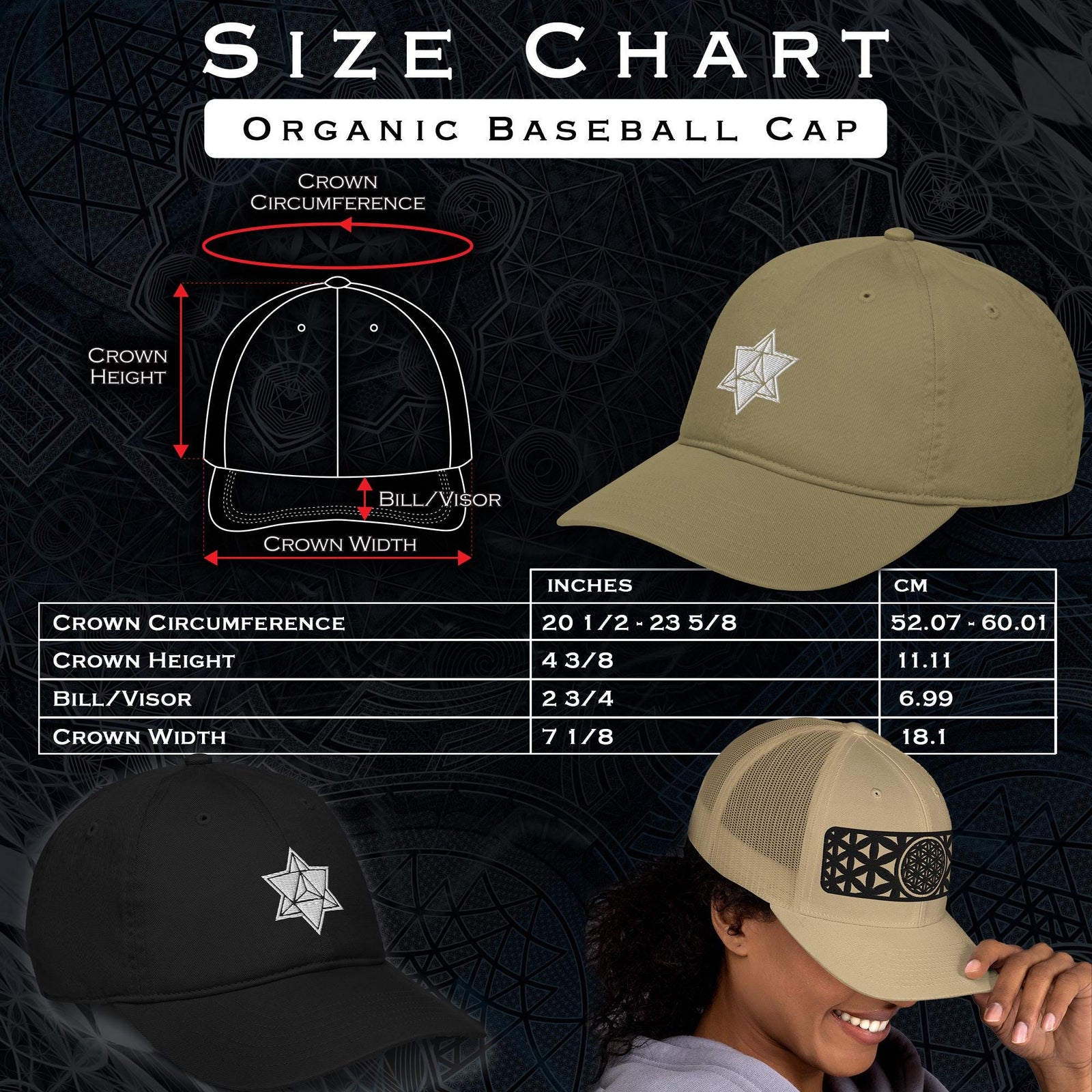 Size chart for Triquetra Organic Embroidered Dad Hat