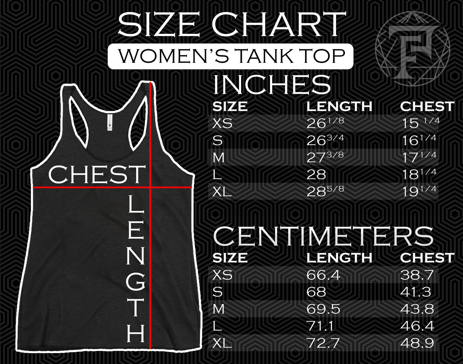 Size chart for Pentagram Star Five Pointed Symbol Women's Tank Top