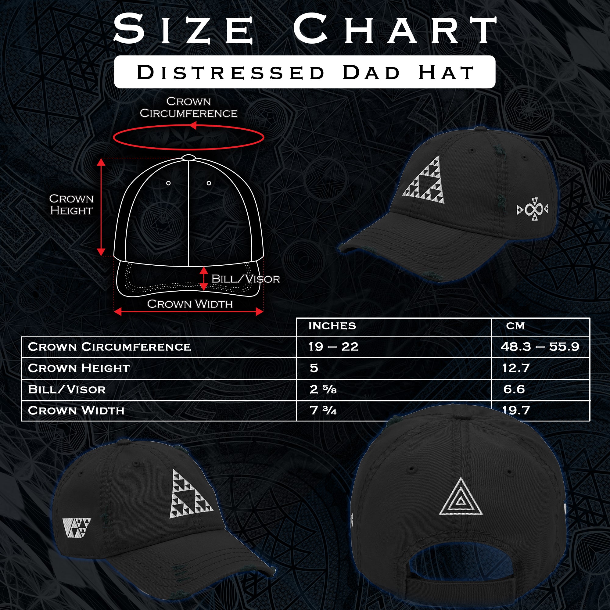 Garment measurements and size chart for Eye Of Horus Embroidered Distressed Hat