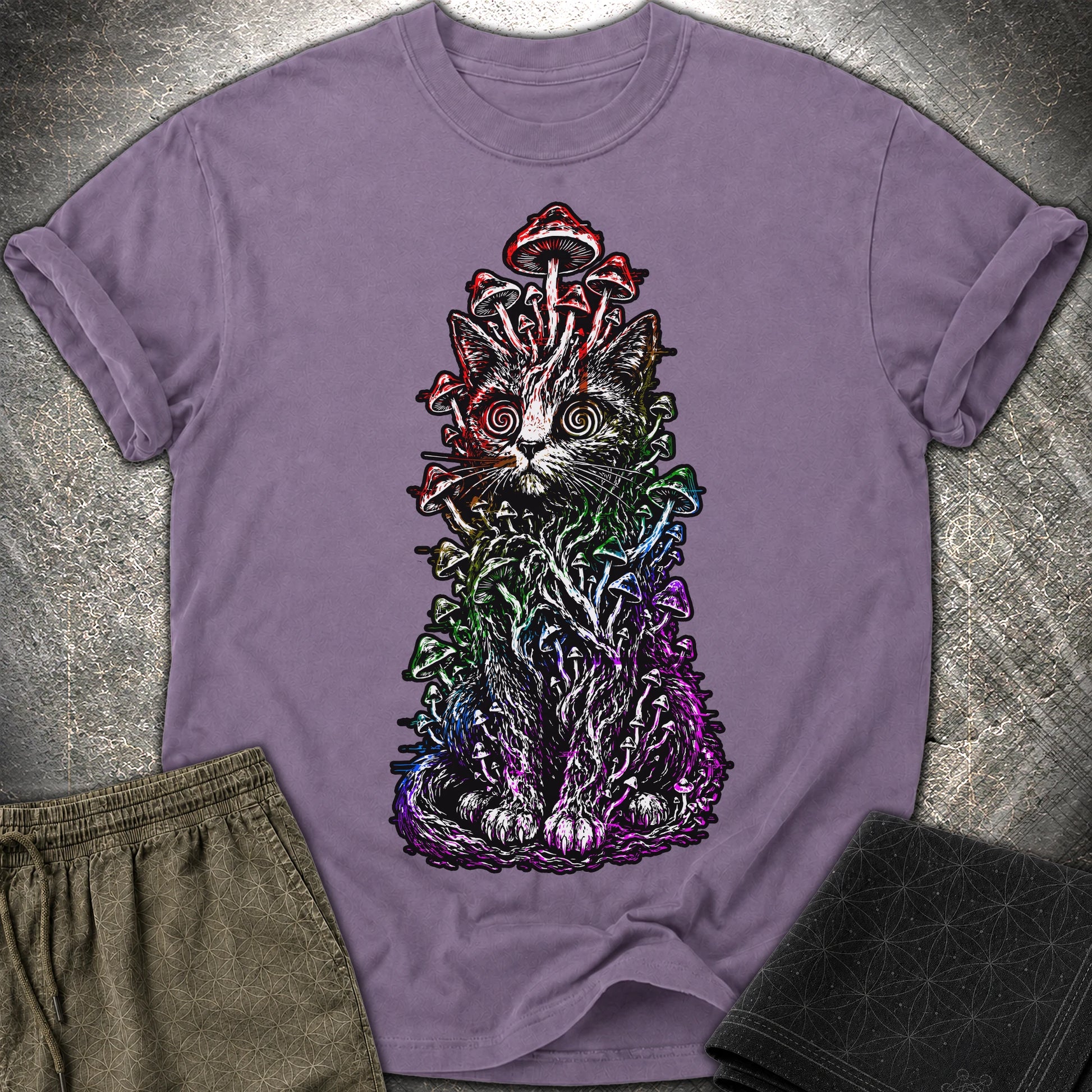 Trippy Mushroom Cat T-Shirt - Trippy Mushroom Cat Comfort T-Shirt - Grape