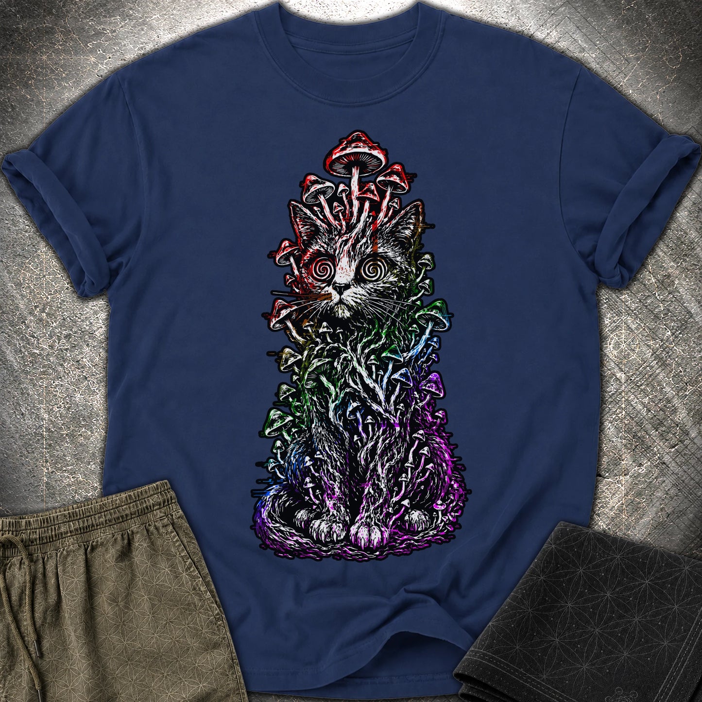 Trippy Mushroom Cat T-Shirt - Trippy Mushroom Cat Comfort T-Shirt - True Navy