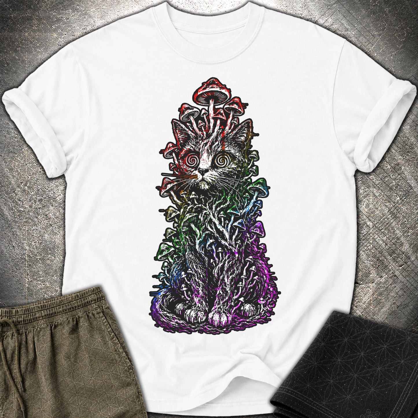 Trippy Mushroom Cat T-Shirt - Trippy Mushroom Cat Comfort T-Shirt - White