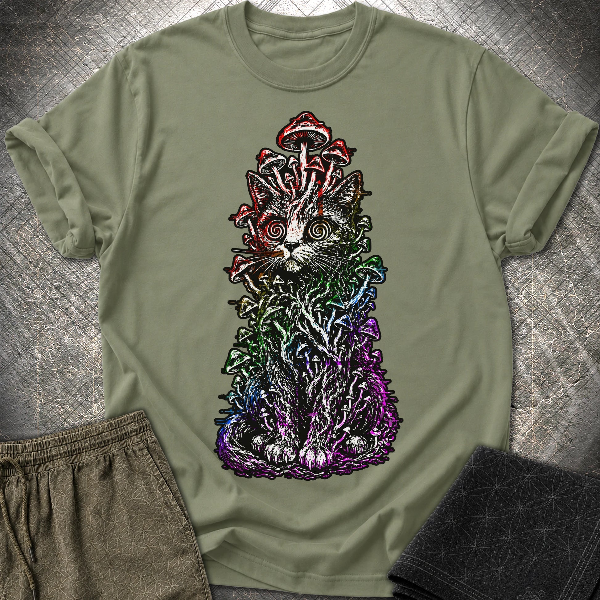 Trippy Mushroom Cat T-Shirt - Trippy Mushroom Cat T-Shirt - Military Green