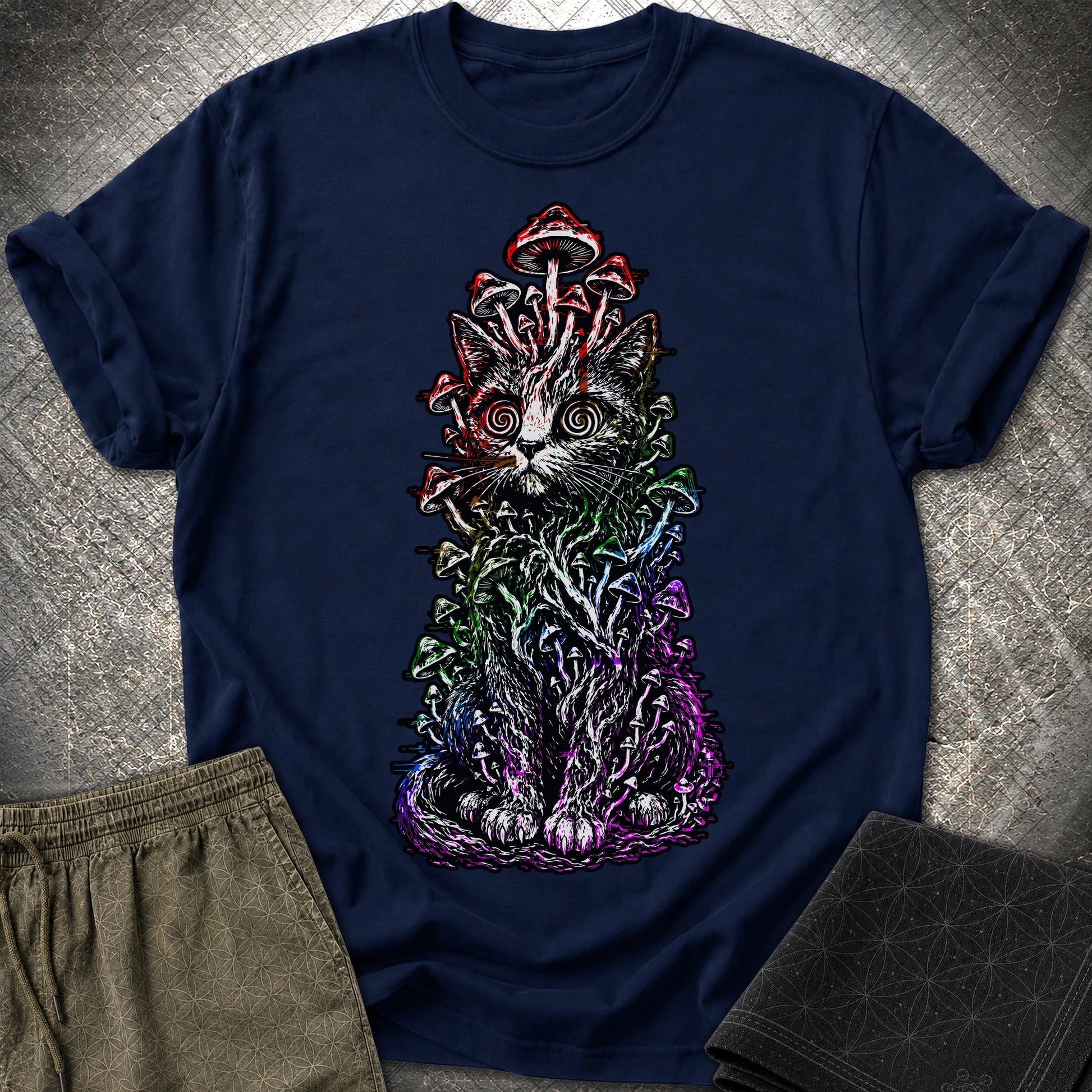 Trippy Mushroom Cat T-Shirt - Trippy Mushroom Cat T-Shirt - Navy
