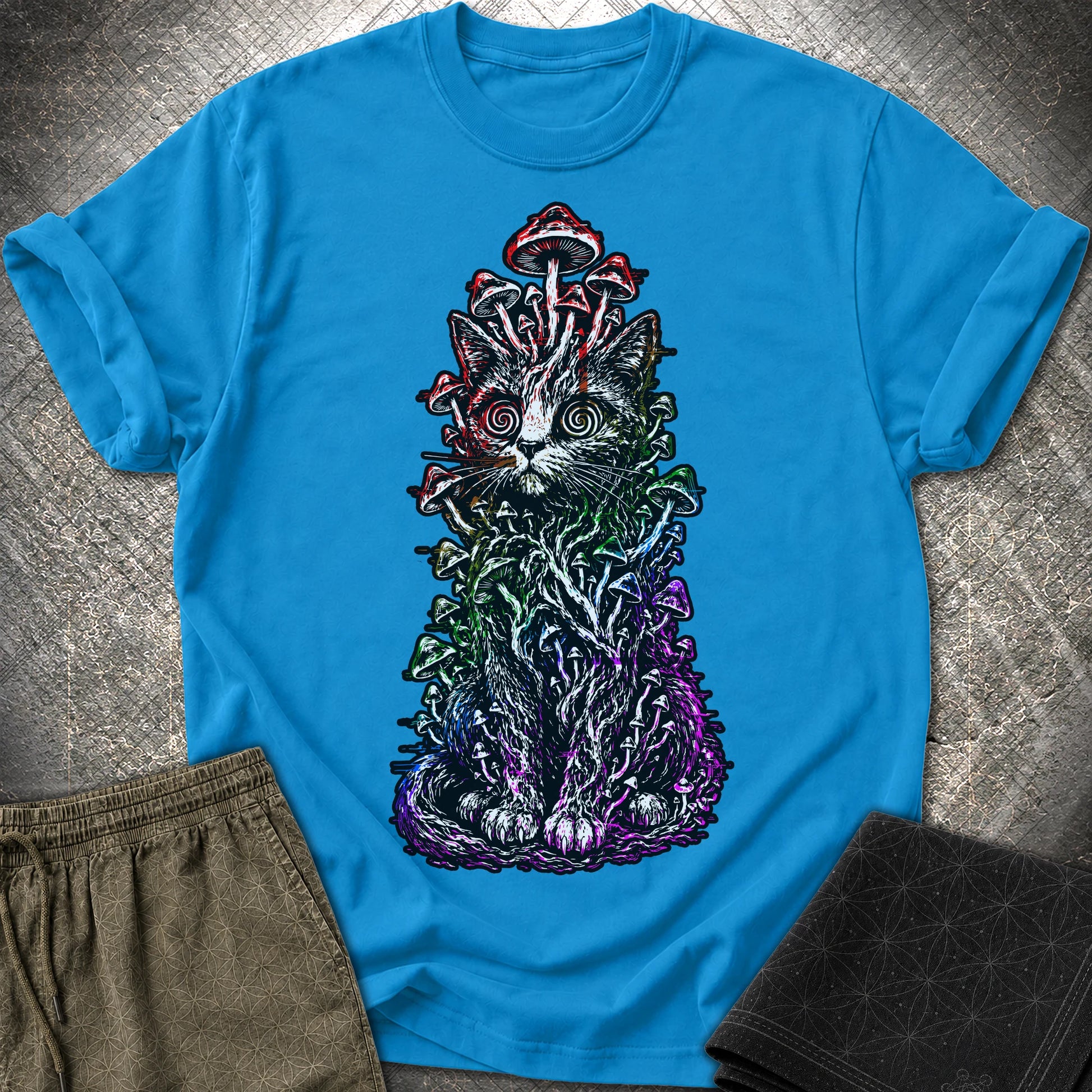 Trippy Mushroom Cat T-Shirt - Trippy Mushroom Cat T-Shirt - Sapphire