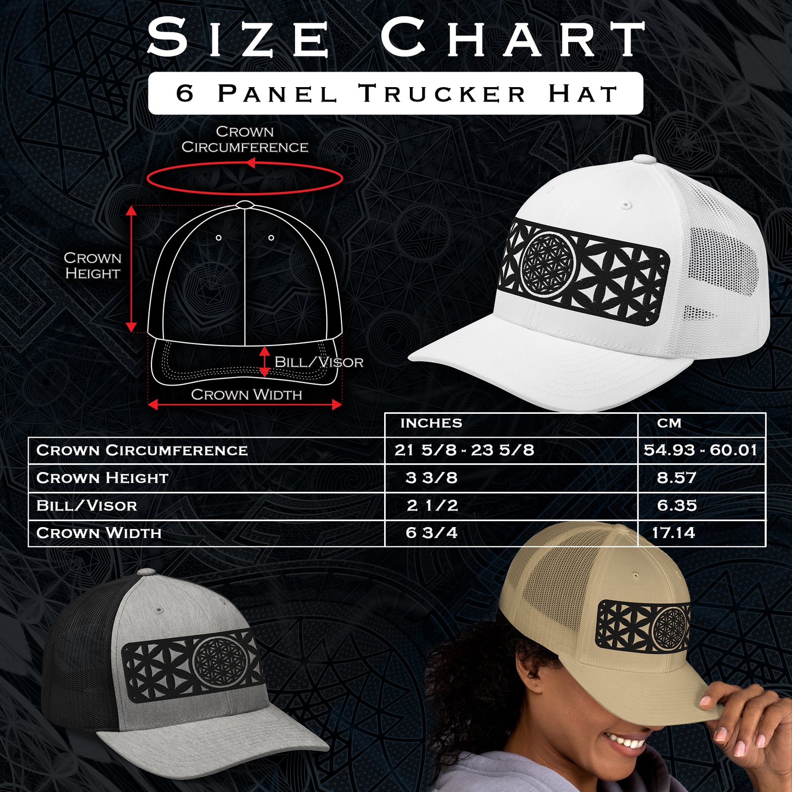Size chart for Black Flower Of Life Embroidered Trucker Cap