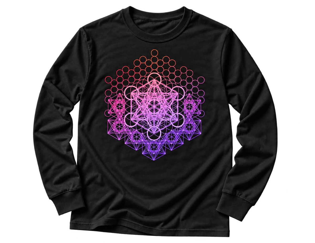 Black Metatron and Flower Connection long-sleeve shirt with orange, pink and purple geometric artwork